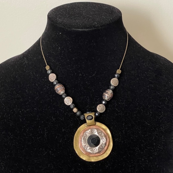 Chico’s necklace Medallion pendant  abstract art.  Art glass, rhinestone, metal - Picture 1 of 4